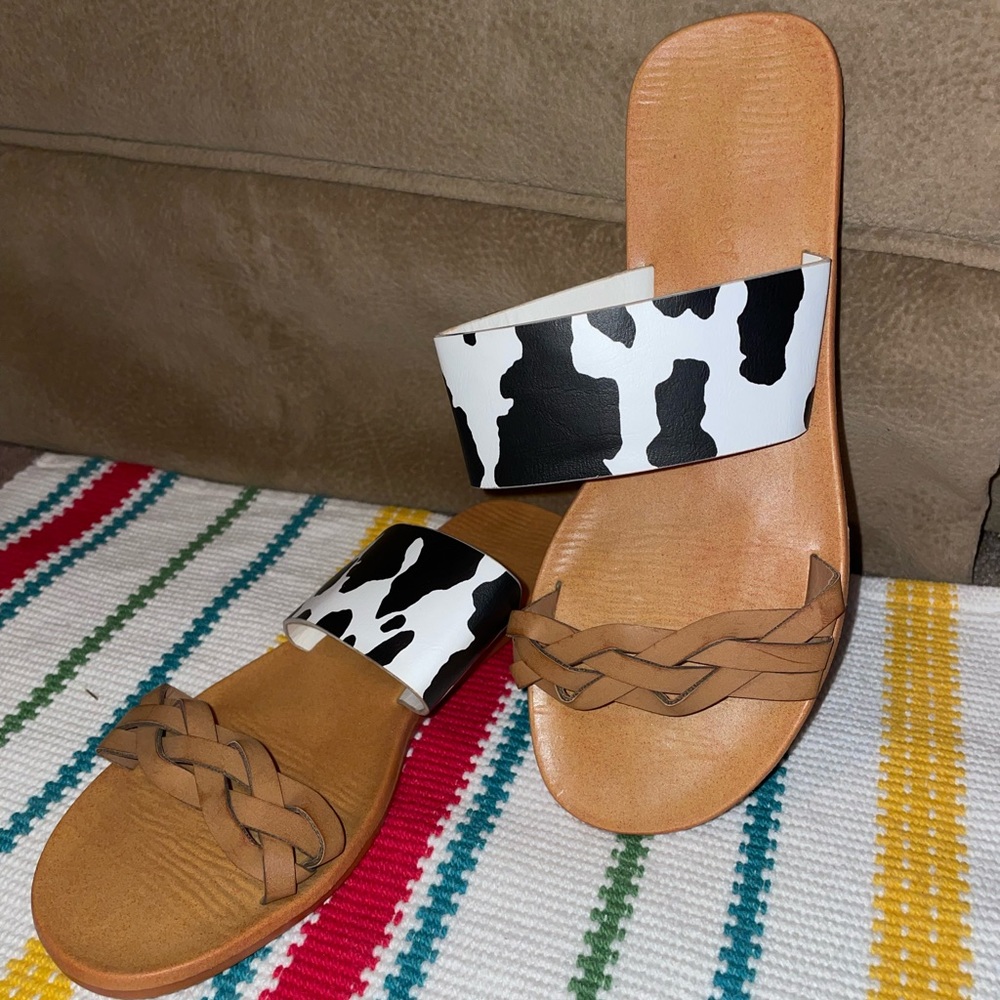 Cow print sandals, size 6
